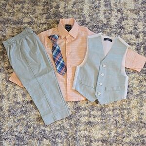 Boys' Peach Shirt and Blue Suit Set with Tie